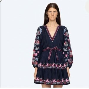 Sea NY Eclisse Tunic Tiered Belted Mini Dress with floral embroidery. small
